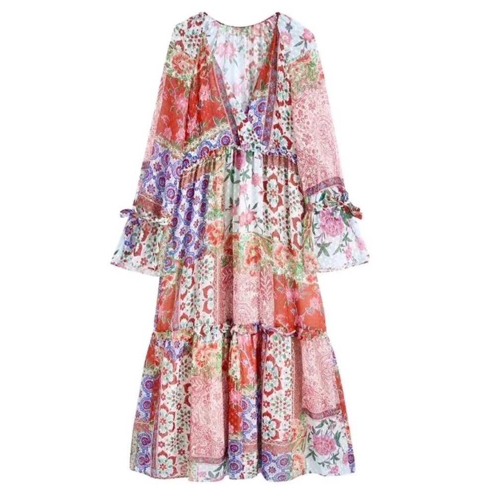 ZARA Floral Printed Patchwork Swiss Dot Midi Dress Women’s Size Large
